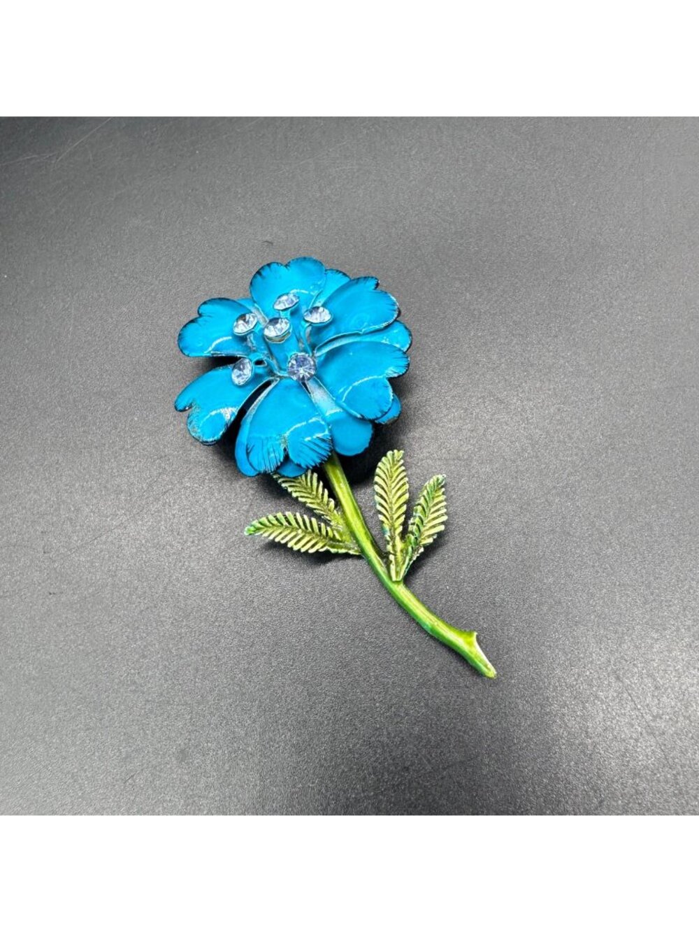 Vintage Blue Floral Brooch Pin Rhinestones Flower Power Enamel Metal Retro
